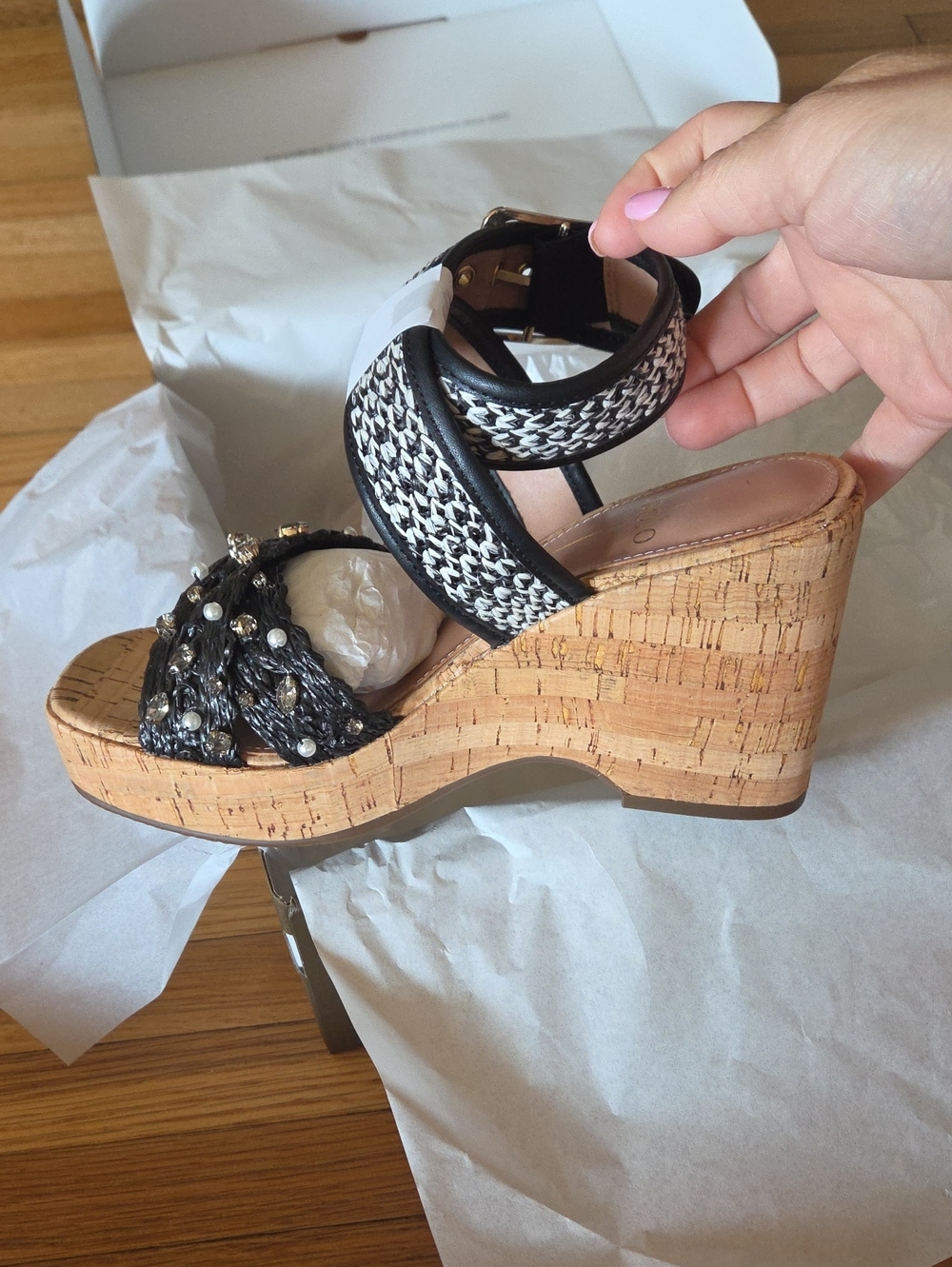 Paolo Black Woven and Embellished Cork Wedge Sandal